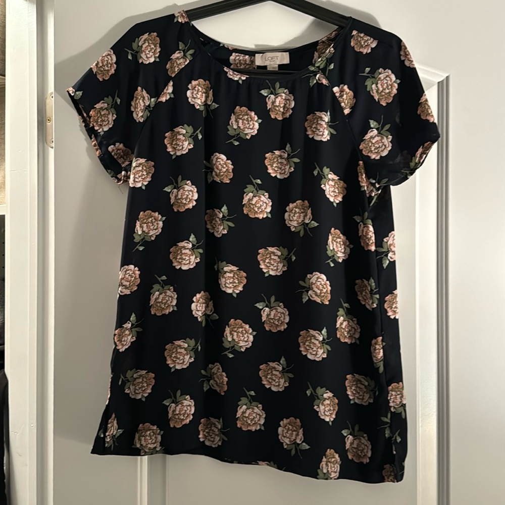 Loft Floral Blue Pink Blouse XS